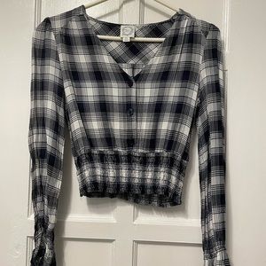Blue Rain Plaid Button Blouse